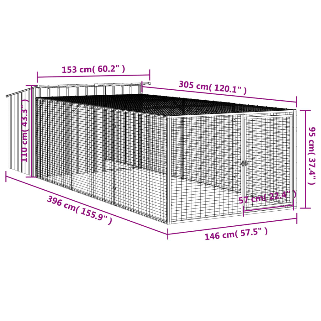 9-vidaXL Cuccia per cani con recinto antracite 153x396x110 cm in acciaio zincato-9